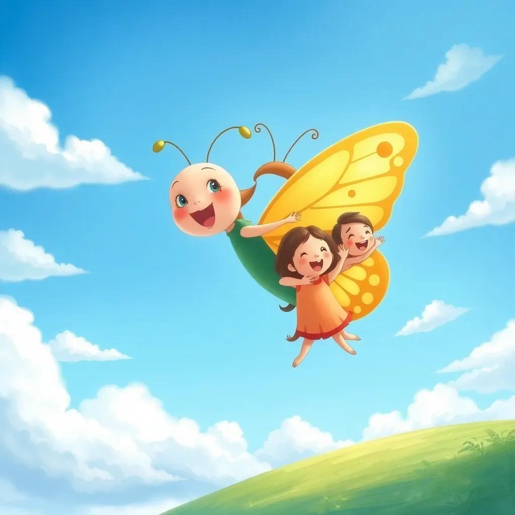 The butterfly flying high with her friends, all laughing and enjoying the journey together, bright blue sky and fluffy clouds, joyful scenery, digital art, child-friendly