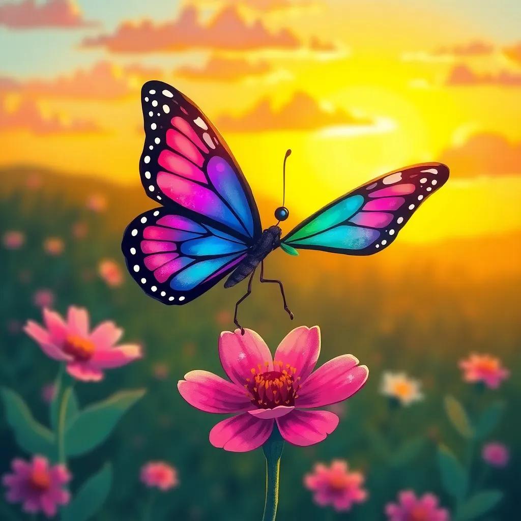 The butterfly landing on a flower, her wings shining with vibrant colors, a symbol of courage and kindness, beautiful sunset in the background, serene and peaceful, illustration