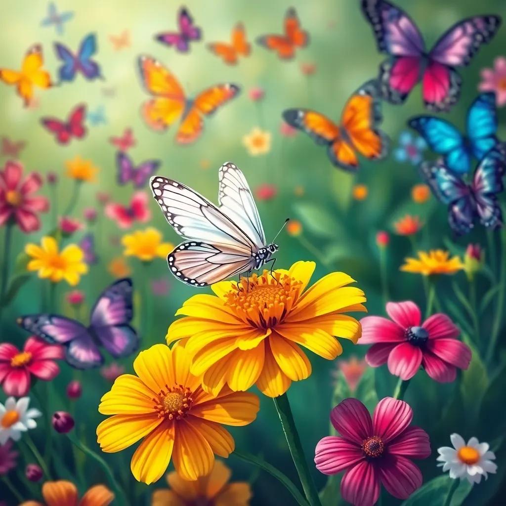 A small butterfly with simple white wings, sitting on a vibrant flower in a garden filled with colorful butterflies, illustration, cheerful, bright colors, inviting atmosphere, high quality