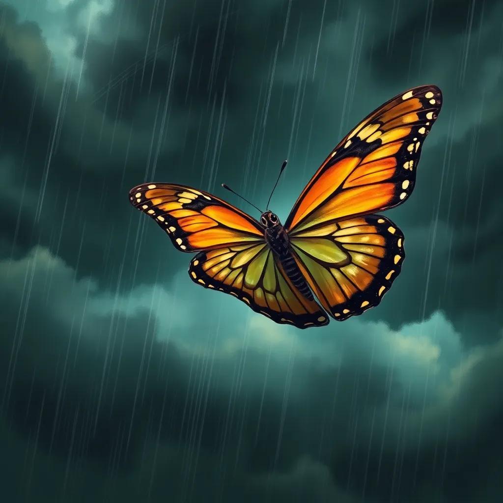 The small butterfly flying through dark storm clouds, rain pouring down, with determination on its face, digital art, vibrant colors, dynamic view, high quality