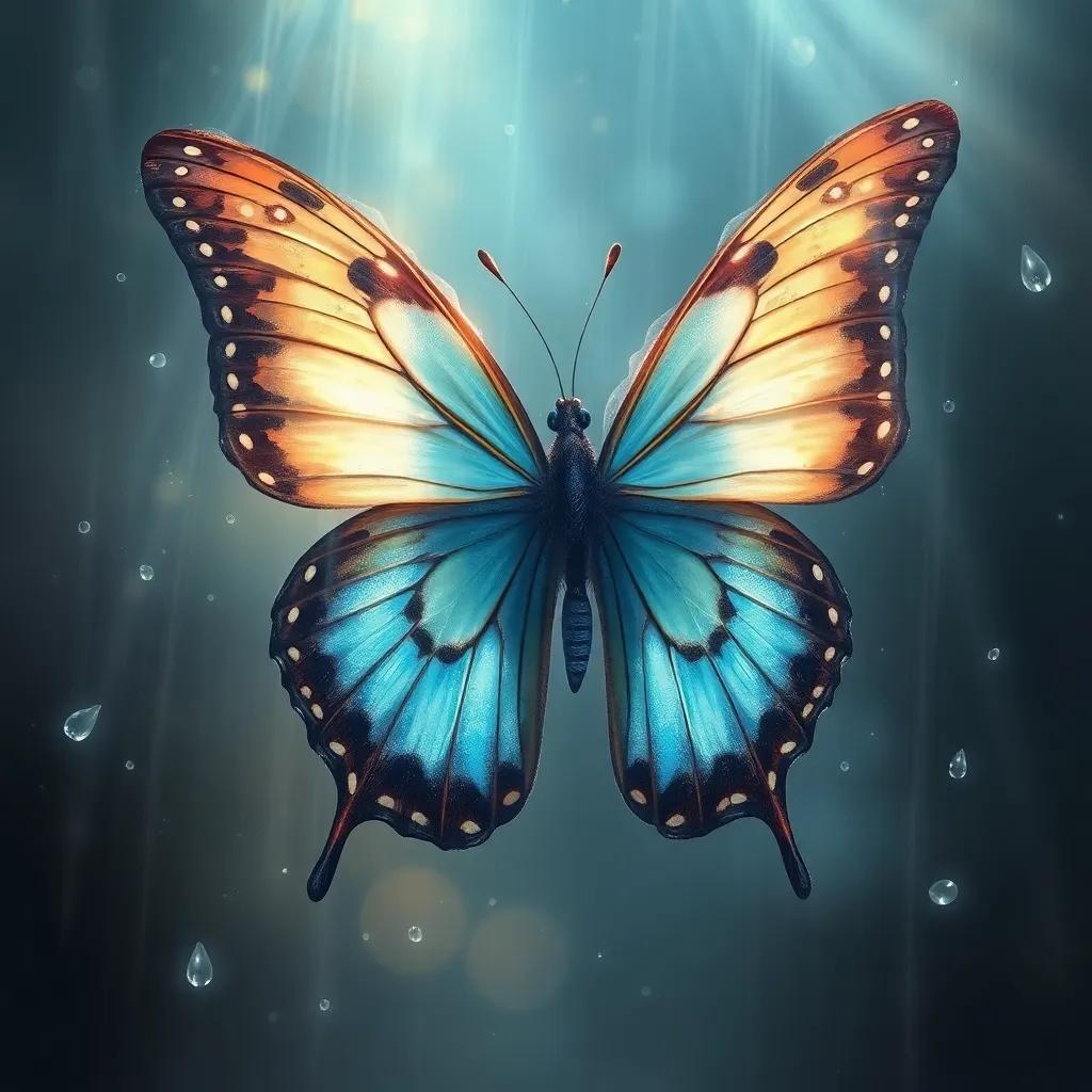 The butterfly looking at its wings after the storm, a light blue stain forming on its wings, surrounded by sparkling droplets, magical atmosphere, digital painting, realistic, uplifting