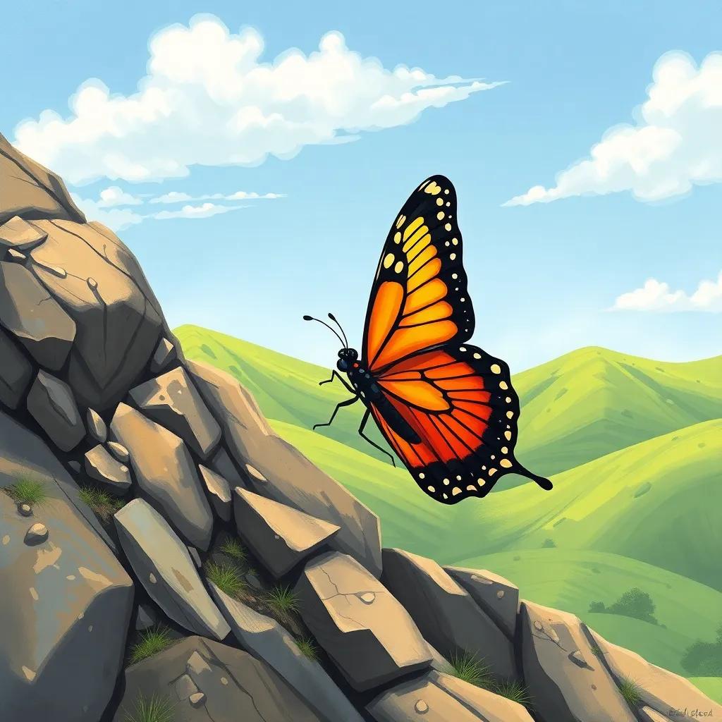 The butterfly struggling to fly up a steep, rocky hill, with a look of determination on its face, sunny day with light green hills in the background, illustration, inspiring, vivid colors, high quality