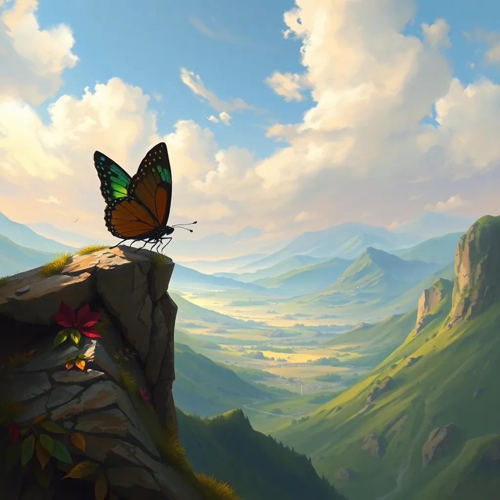 The butterfly perched at the top of the hill, newly acquired green color shimmering on its wings, looking at the beautiful landscape below, digital art, bright colors, inspiring viewpoint, high quality