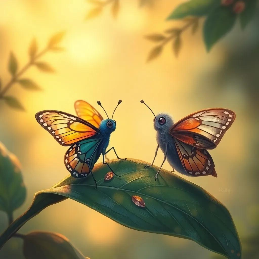 The butterfly talking to a lonely moth, both sitting on a leaf, sharing stories, warm evening light creating a cozy atmosphere, illustration, heartwarming, soft colors, high quality