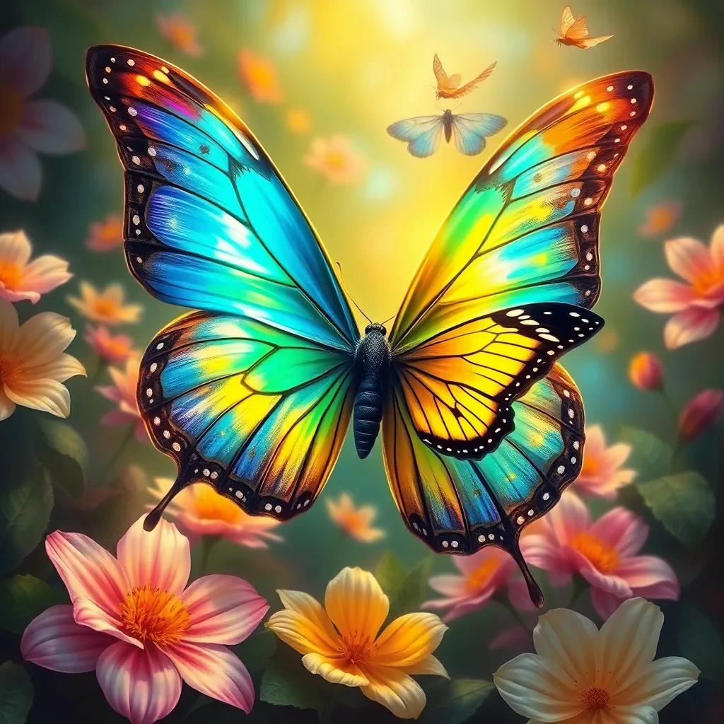 The butterfly showing colorful wings after helping the moth, with golden hues reflecting on its wings, surrounded by flowers, joyful atmosphere, digital painting, vibrant colors, high quality