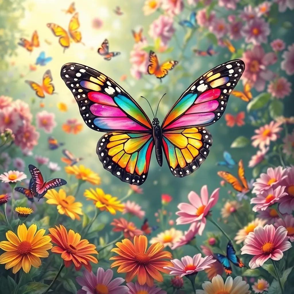 The butterfly acknowledging the beautiful colors on its wings, flying happily through a beautiful garden, filled with vibrant flowers, colorful butterflies all around, illustration, lively atmosphere, high quality