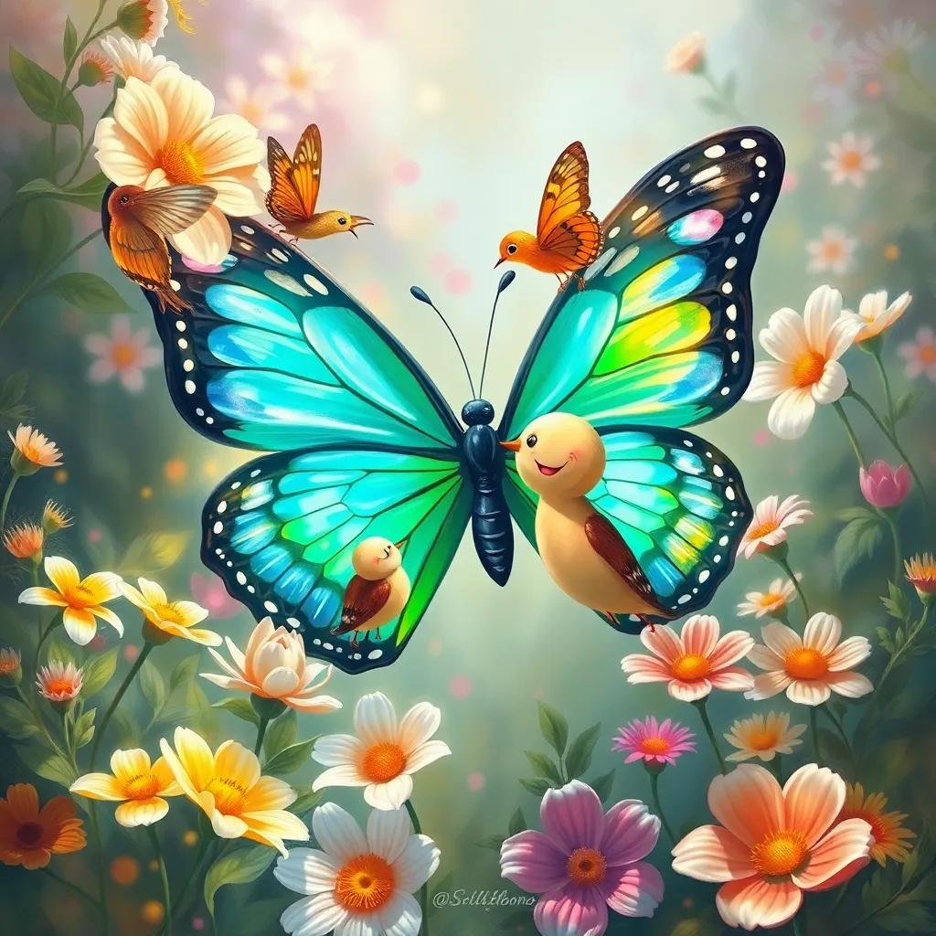 The butterfly happily reuniting with friends in the garden, bright colors and joyous expressions, with flowers blooming around, digital art, cheerful atmosphere, high quality