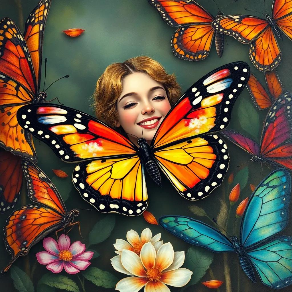 The butterfly smiling at the other butterflies, explaining how her colors represent her lessons learned, surrounded by admiration, illustration, uplifting, colorful environment, high quality