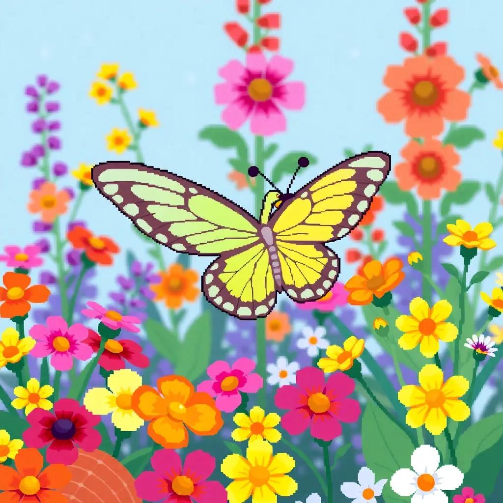 Uma pequena borboleta chamada Lila, com asas brancas e simples, voando em um jardim cheio de borboletas coloridas, flores vibrantes ao fundo, digital art, colorido, alegre, alta qualidade