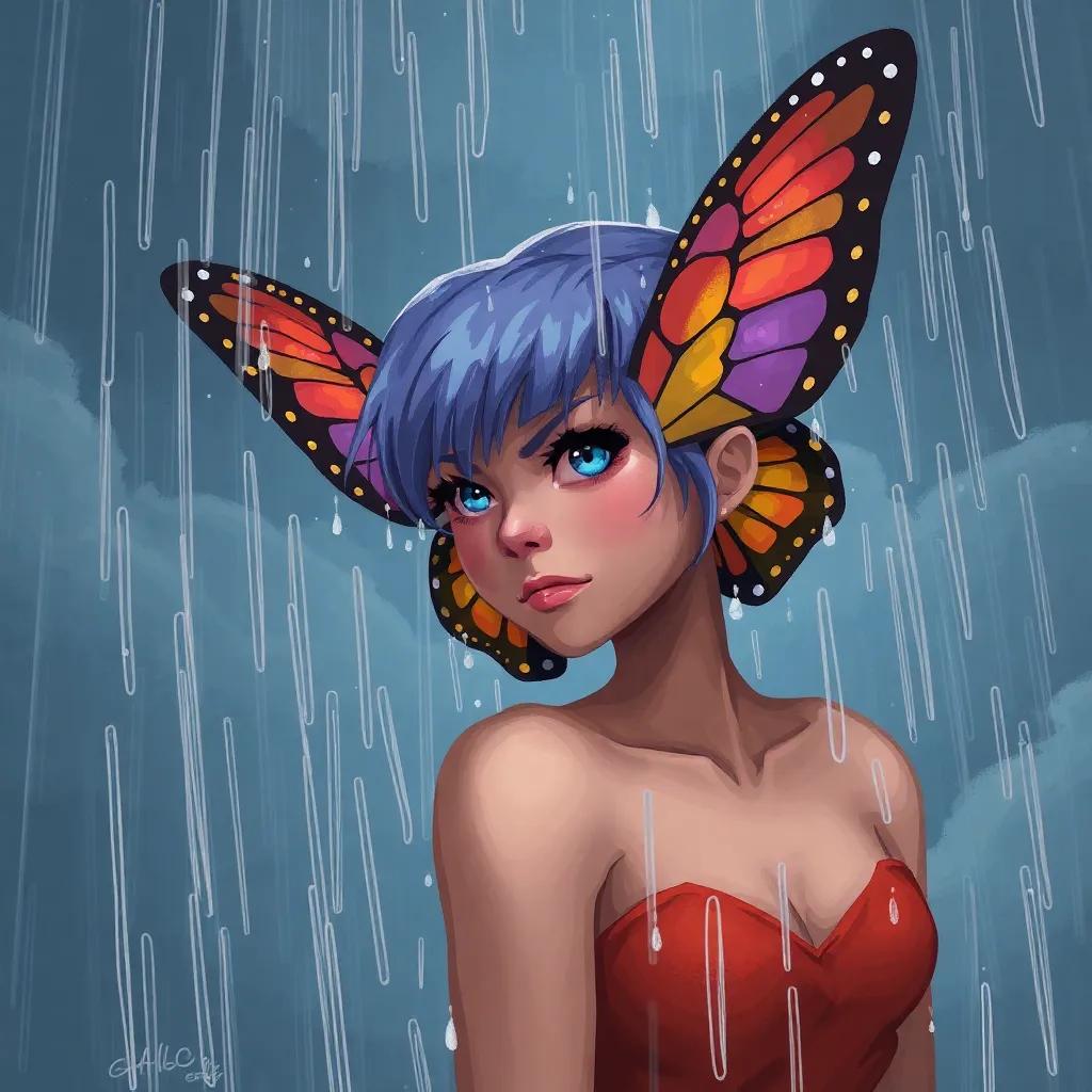 A borboleta Lila enfrentando uma tempestade, gotas de chuva caindo sobre suas asas brancas, expressões de determinação, céu escuro atrás, digital painting, dramático, realista, alta qualidade