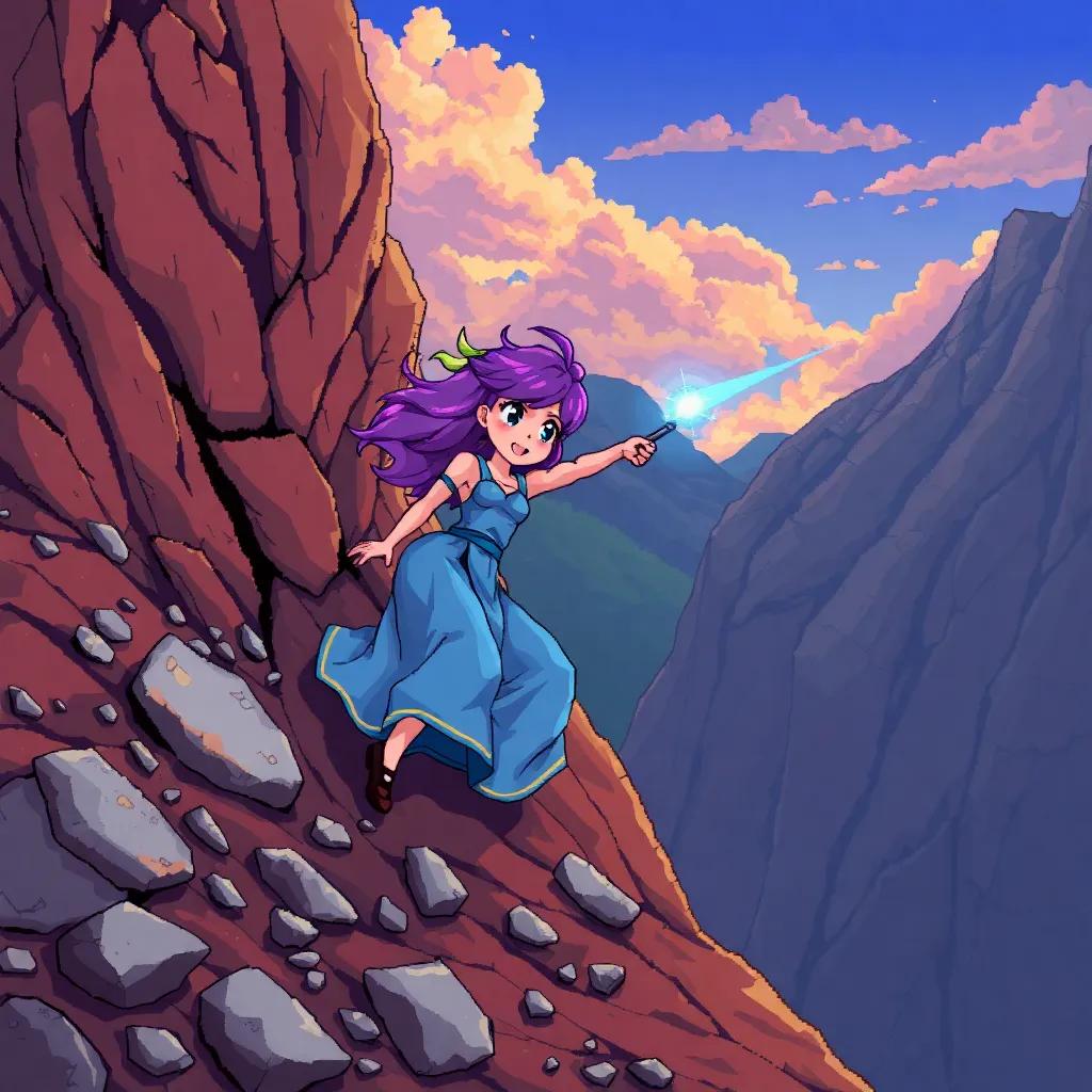 Lila subindo uma colina íngreme, com pedras e espinhos ao redor, exibindo uma leve mancha azul em suas asas, expressão de esforço e determinação, ilustração vibrante, colorido, emocional, alta qualidade