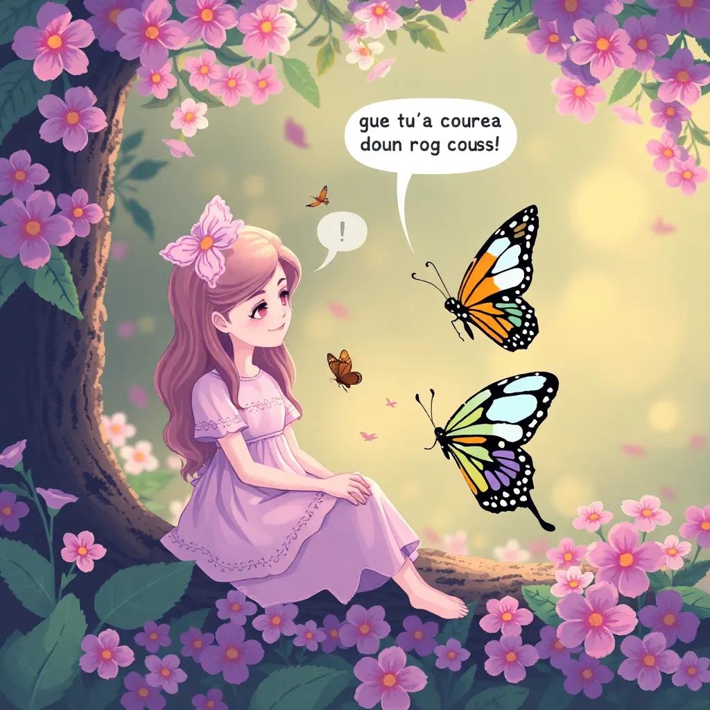 Lila conversando com uma mariposa triste, ambas sentadas em uma folha, expressões de empatia e apoio, fundo de floresta suave, digital art, caloroso, inspirador, alta qualidade