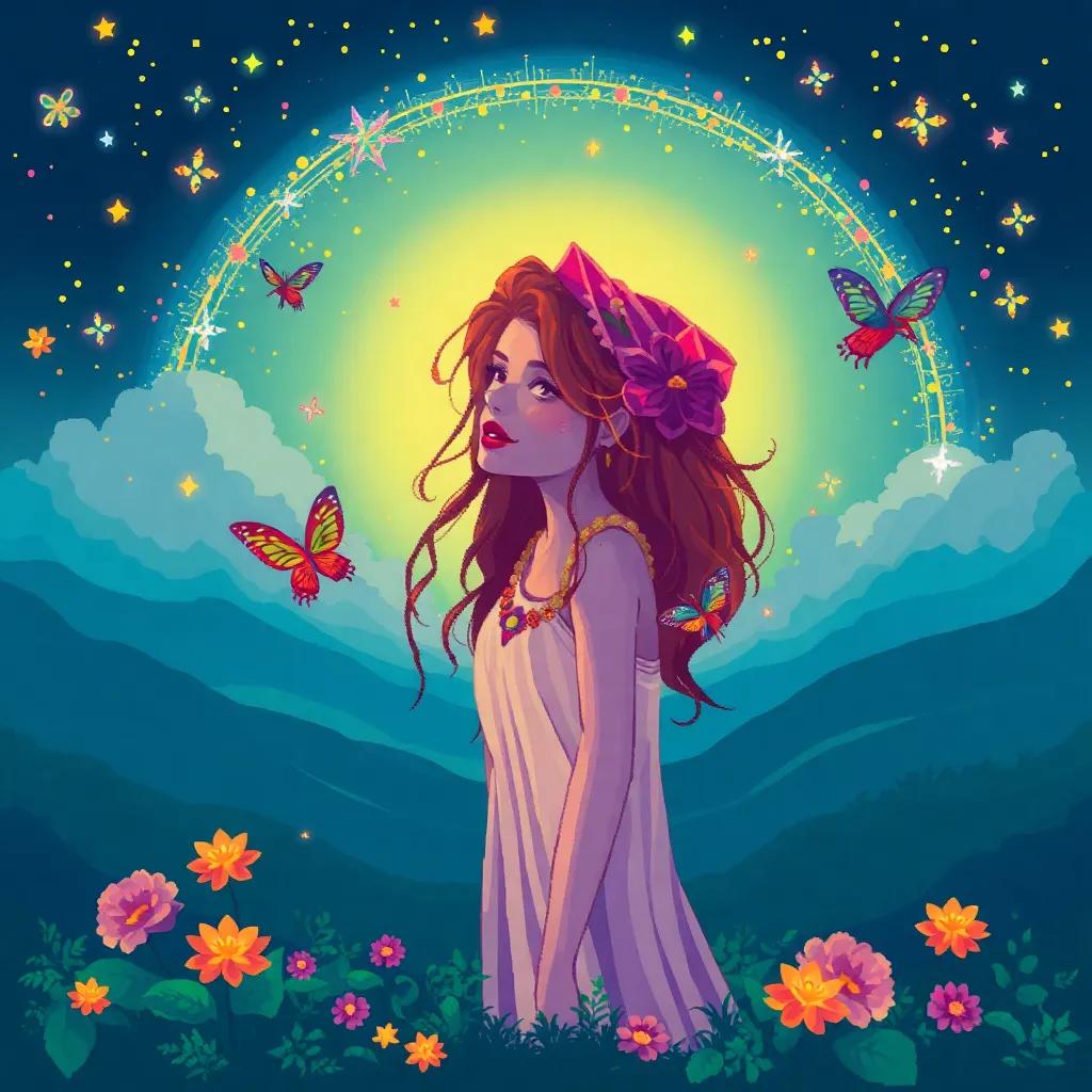 Lila com suas asas agora coloridas, mostrando azul, verde, e dourado em um grande quadro de arco-íris, outras borboletas admiradas em volta, atmosfera festiva, ilustração, colorida, alegre, alta qualidade