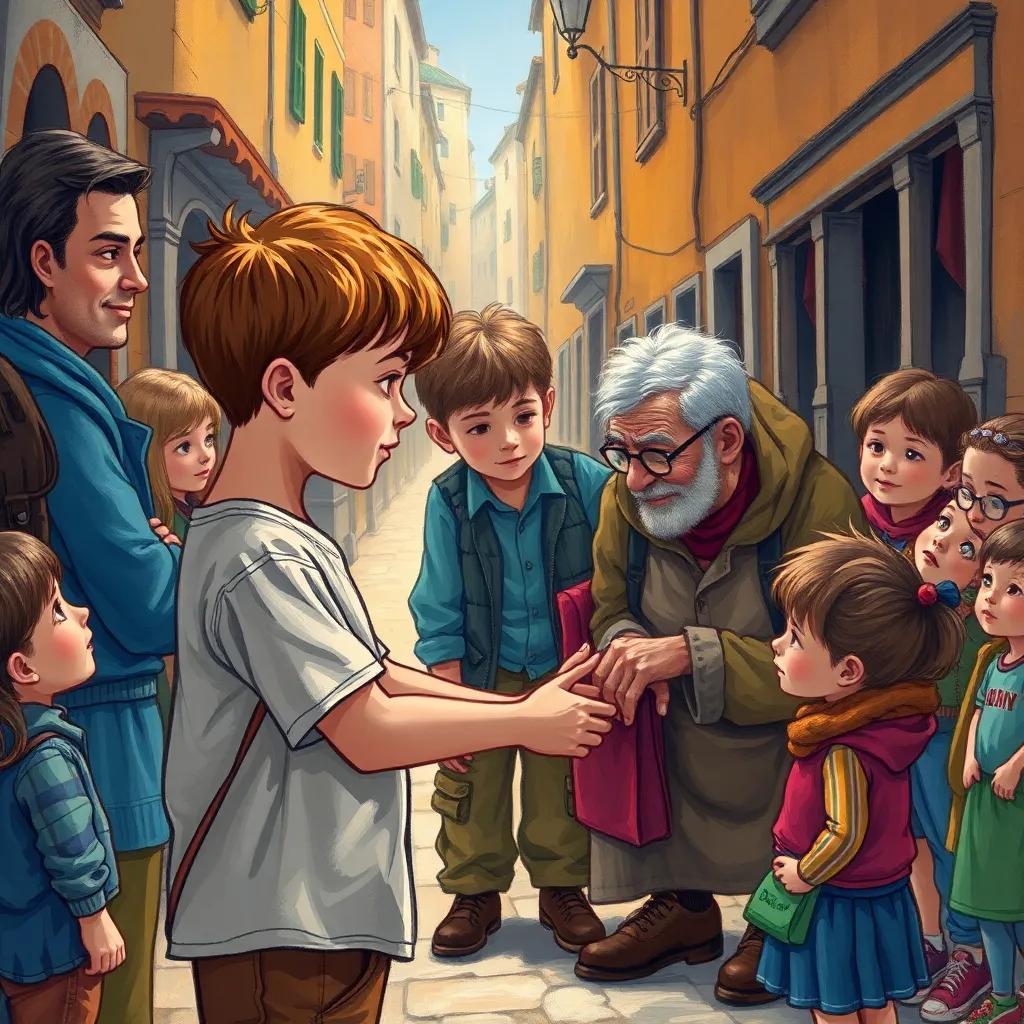 Pedro, a humble boy with short brown hair, helping an elderly man on the street, surrounded by curious children and adults looking on with admiration, warm light, caring scene, heartfelt atmosphere, detailed illustration