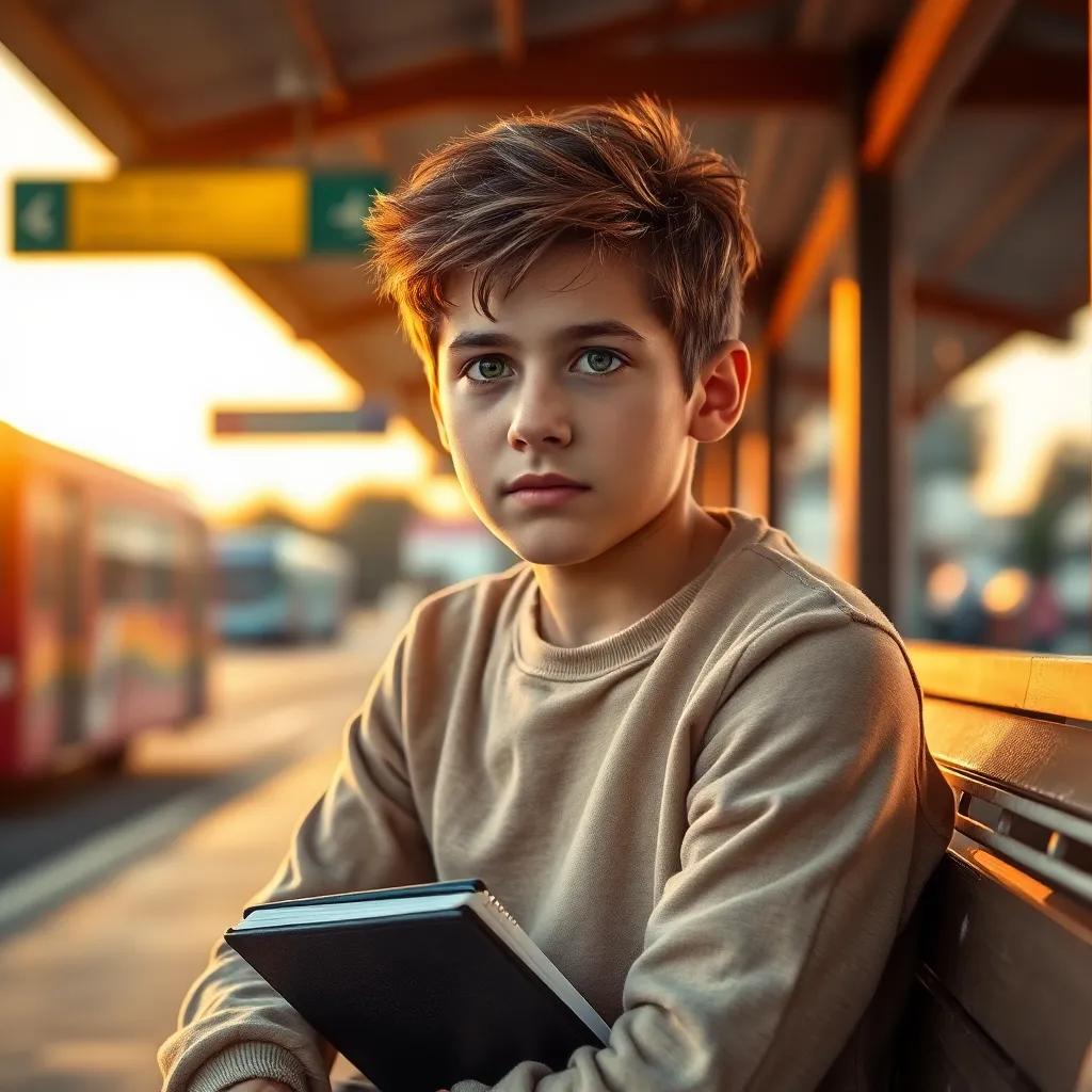 A young boy, Silvester Stallone, with a unique face and bright eyes, sitting on a bench at a bus station, looking determined while holding a small notebook, captured in a warm sunset light, inspiring atmosphere, high quality