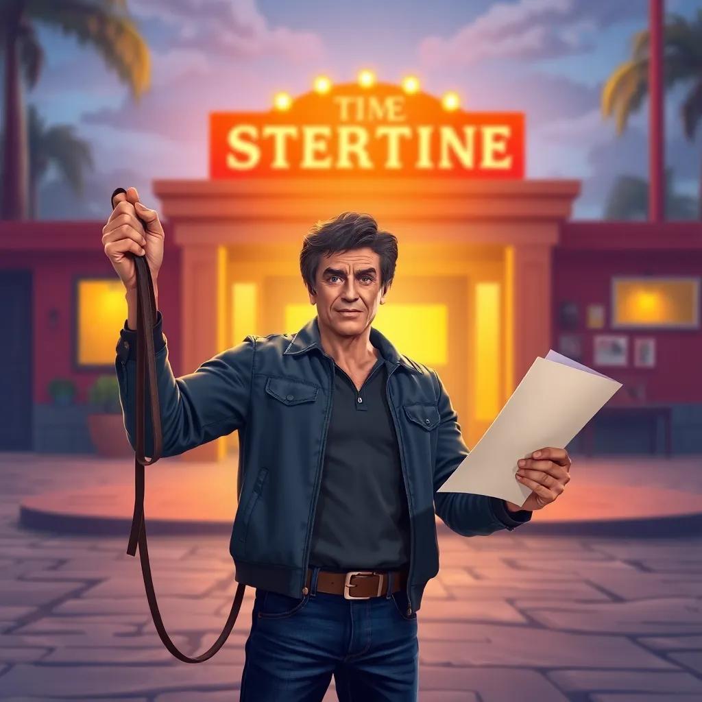 A determined young Silvester Stallone, holding a dog leash in one hand and a script in the other, standing in front of a small film studio that shines brightly, hopeful light, colorful, cheerful perspective, artistic illustration