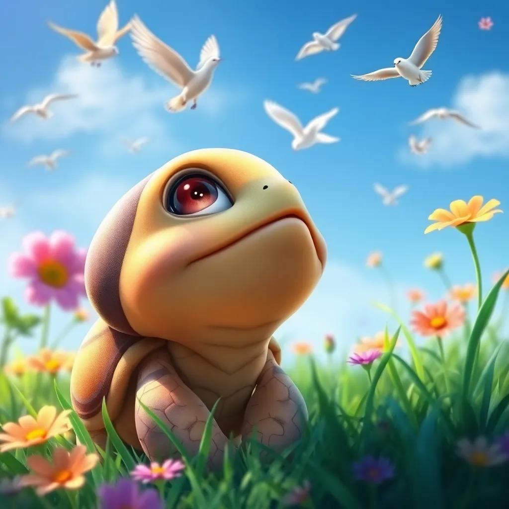 A young turtle, Tula, looking up at the sky, watching birds fly with curiosity in her eyes, surrounded by green grass and colorful flowers, cheerful atmosphere, detailed digital art, vibrant colors, heart warming imagery