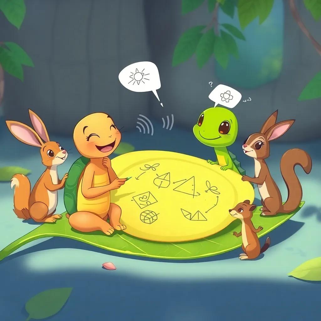 Tula, the turtle, sitting with her friends, a fast rabbit and a small squirrel, brainstorming and laughing while drawing plans for wings on a big piece of leaf, bright colors, playful scene, cartoon style