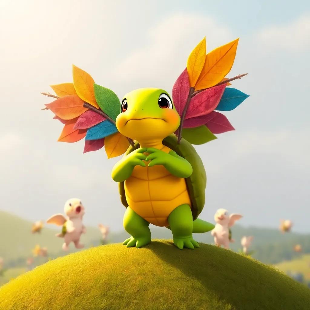 Tula, the turtle with colorful wings made of leaves and sticks, standing on a hill ready to try flying, holding her breath with excitement, surrounded by her friends cheering her on, cheerful landscape, animation style, warm light