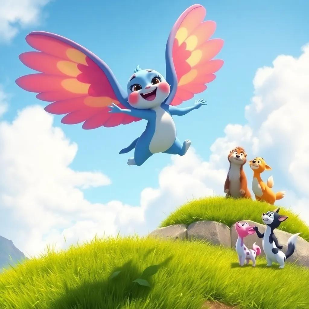 Tula jumping off a small hill with her wings wide open, looking joyous as she descends towards the green grass below, friends watching in awe, whimsical imagery, bright colors, charming