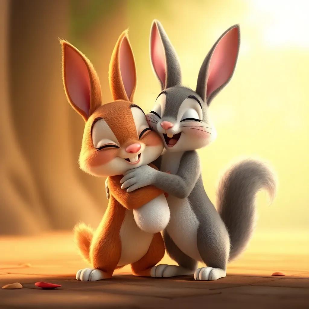 Tula's friends, the rabbit and squirrel, hugging her affectionately after her first flying attempt, a loving and supportive scene, warm light, cartoon style, heartwarming togetherness, happiness
