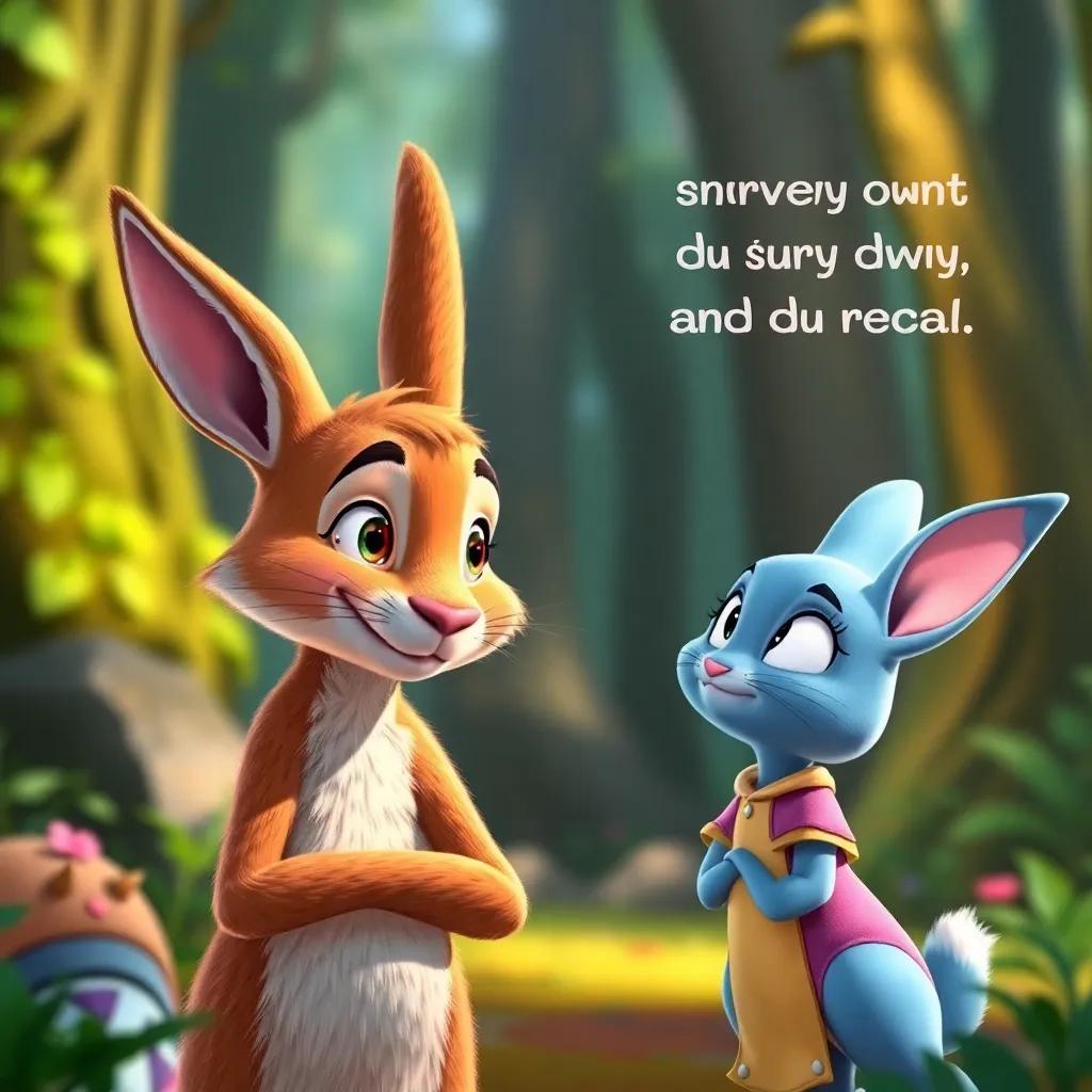 Rápido the rabbit encouraging Tula, saying everyone has their own way of being special, Tula looks thoughtful with a gentle smile, enchanted forest background, bright colors, soft lighting, friendly atmosphere