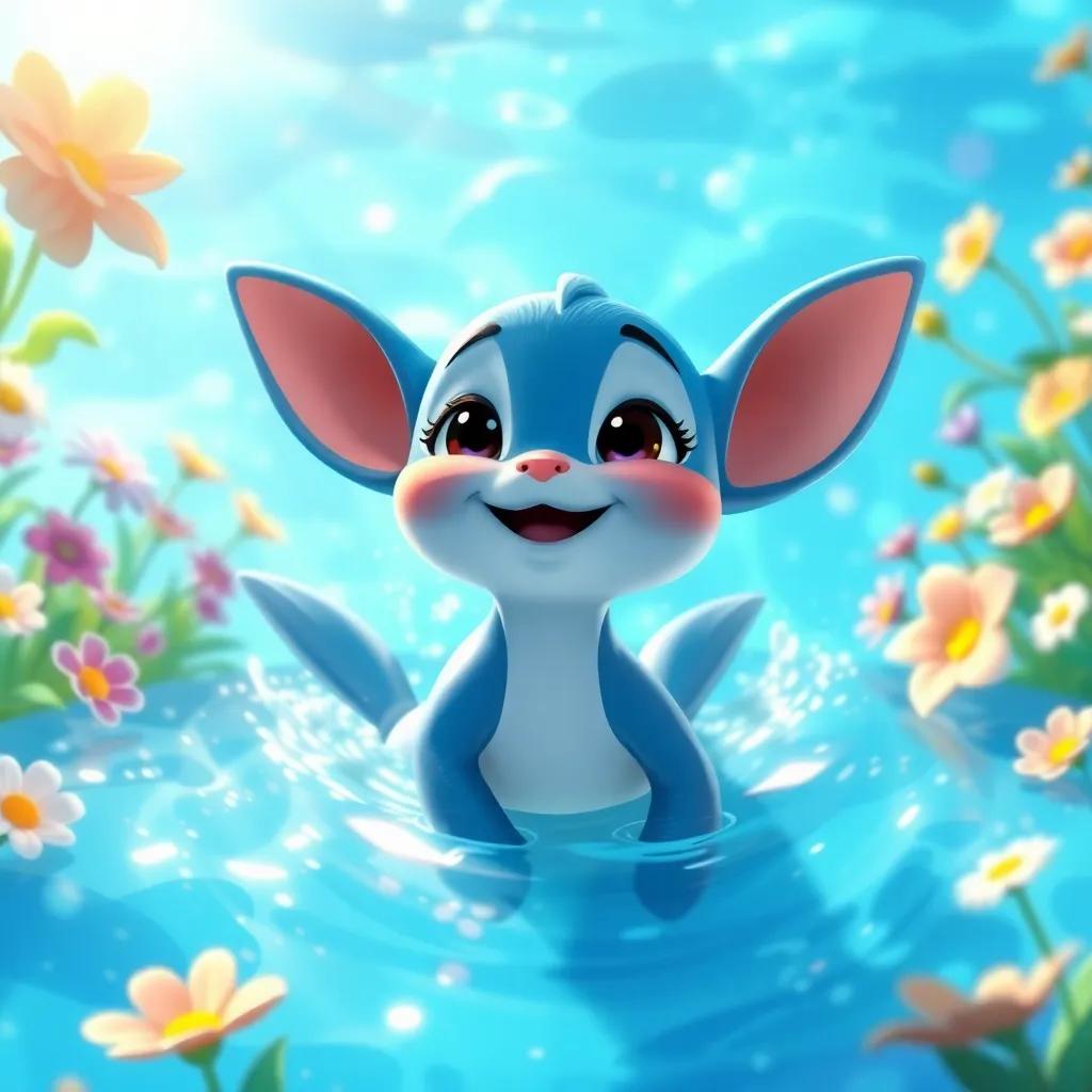 Tula swimming gracefully in a sparkling blue pond, surrounded by flowers and her friends cheering her on, beaming with joy and embracing her talent, radiant sunlight, cheerful