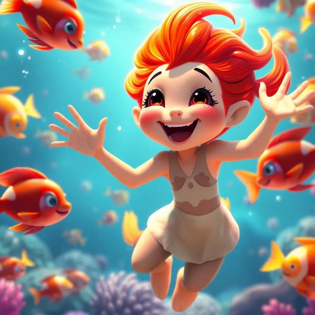 Tula happily dancing underwater, expressing joy with colorful fish around her, showcasing her talents in her own way, joyful imagery, magical underwater world, vibrant colors