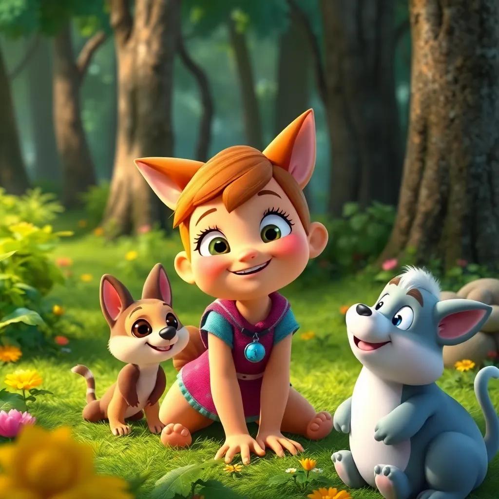 Tula sharing her adventures with the animals in the forest, storytelling with bright colors and cheerful expressions, enchanting forest background, friendly atmosphere, animated style
