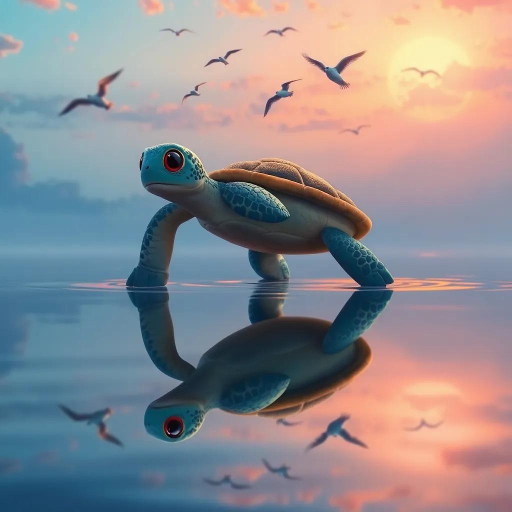 Tula, the turtle, reflected in the water, realizing her unique self and talents, with birds flying overhead, signifying dreams and possibilities, serene mood, lovely combo of colors, beautiful sunset