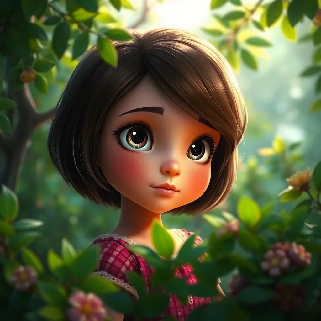 Uma menina chamada Clara, com cabelos castanhos e olhos brilhantes, olhando fascinada para o brilho entre as árvores, floresta densa com folhas verdes, digital art, vibrante, atmosfera mágica, alta qualidade