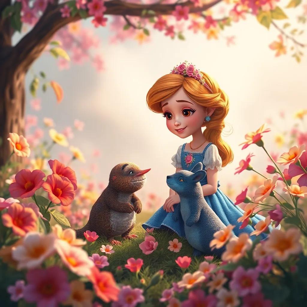 Clara, com talismã no pescoço, conversando com um coelho e um pássaro no chão da floresta, cercada por flores coloridas, expressão amistosa, ilustração cheia de vida, calor, rica em detalhes