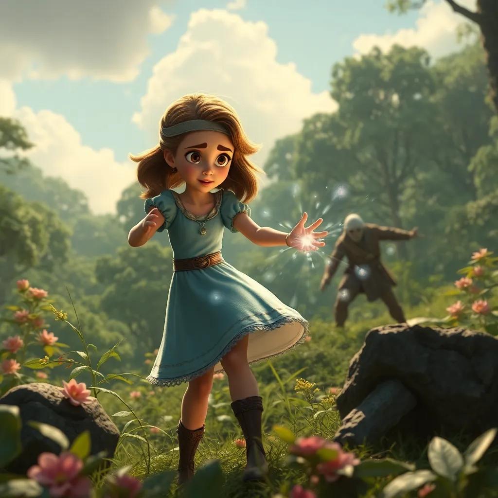 Clara usando seus poderes para criar uma barreira mágica contra caçadores, mostrando determinação, floresta atrás, arte digital, atmosfera de aventura, dramatização, qualidade alta, tese