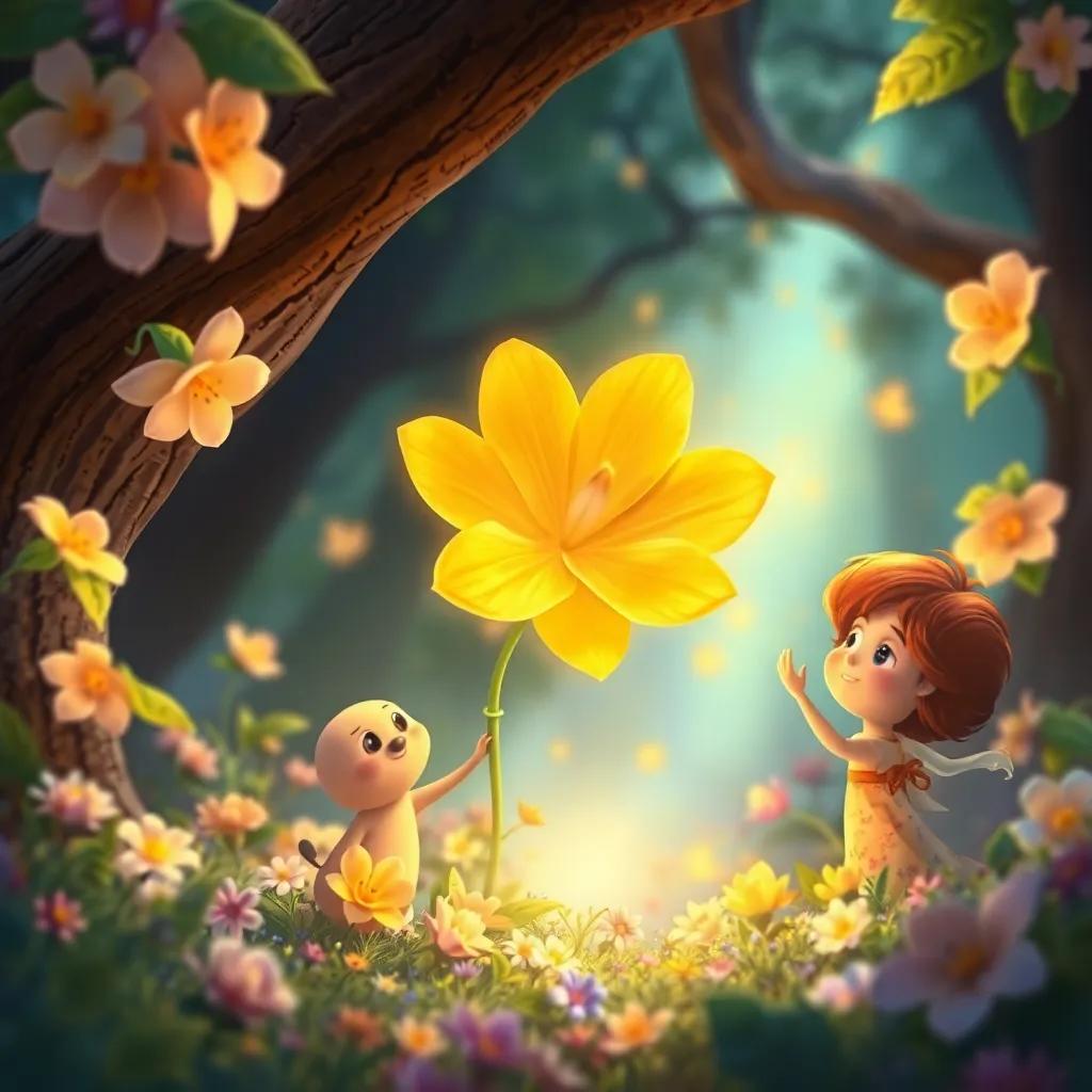 Animais da floresta em volta de Clara, um coelho trazendo uma flor mágica, todos felizes, clima de celebração, digital art, cores quentes e vibrantes, a alegria da natureza, detalhes ricos