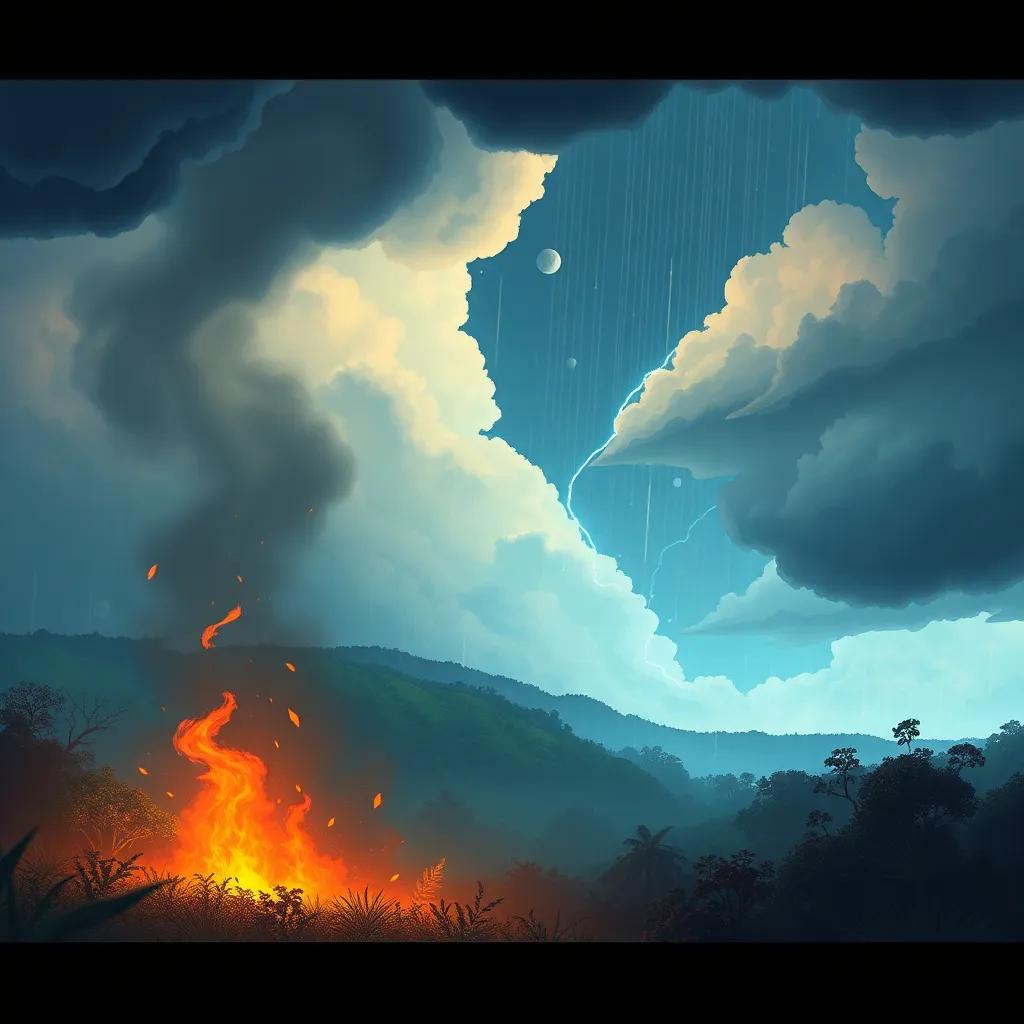 Um incêndio na floresta e nuvens se formando rapidamente, chuva começando a cair, Clara levantando o talismã, foco dramático, arte digital, forte, ilustrando a força da natureza