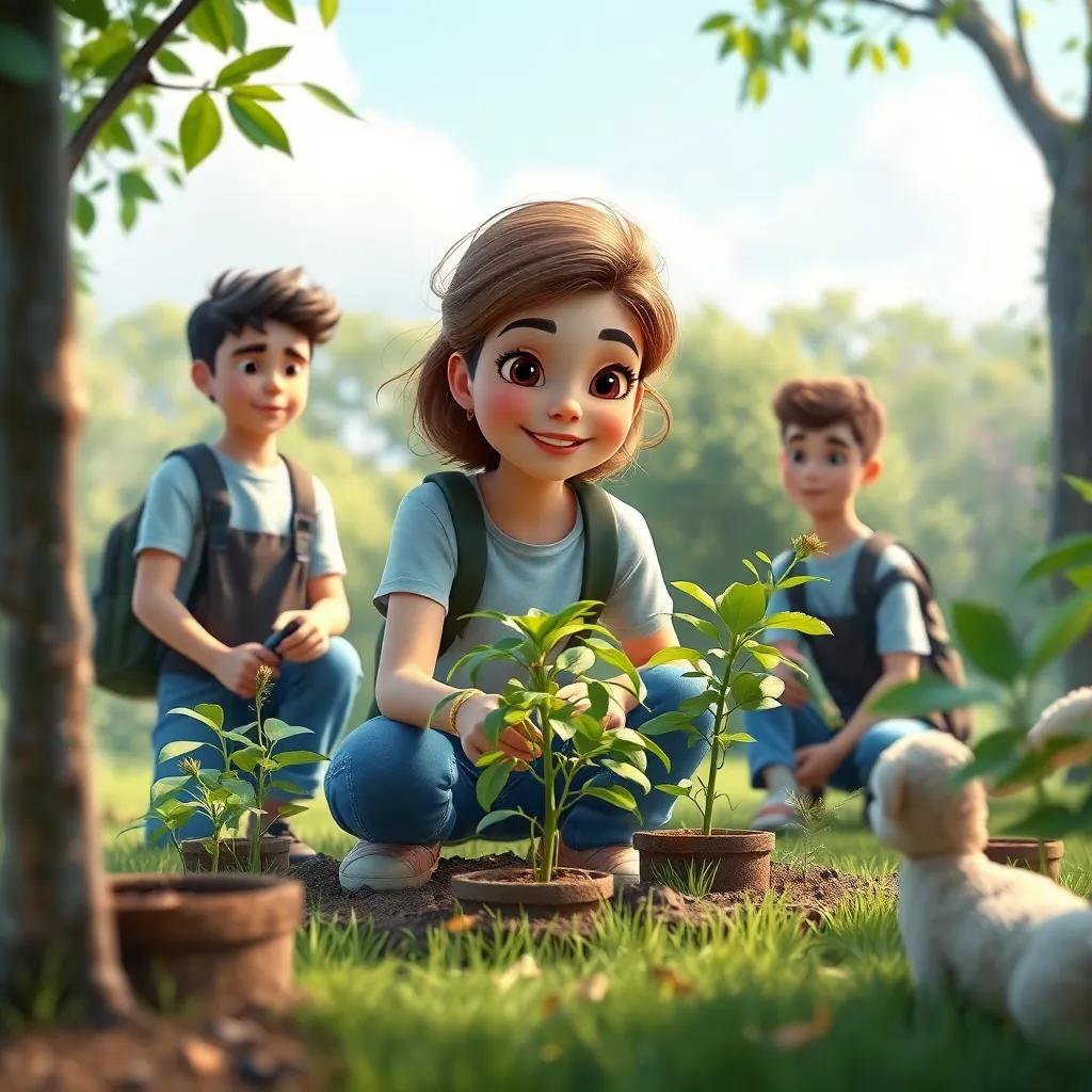 Clara organizando um grupo de jovens em um parque, todos plantando árvores e cuidando dos animais, sorriso no rosto, ambiente de trabalho em equipe, arte vibrante, amizade e comunidade, qualidade alta