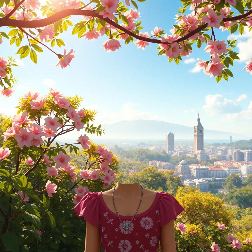 Clara sorridente, com o talismã brilhando, olhando para a floresta e a cidade próspera ao fundo, mistura de natureza e urbanidade, arte digital, mostrando harmonia, cor viva