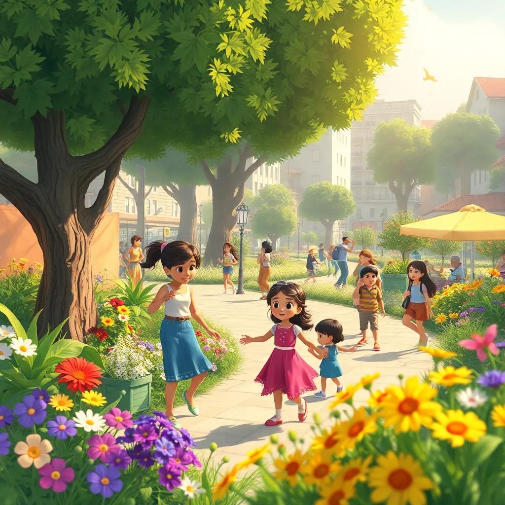 Uma cena cheia de pessoas da cidade cuidadosas com a natureza, várias árvores e flores, crianças brincando, Clara guiando todos, ilustração alegre, união com a flora, cores brilhantes