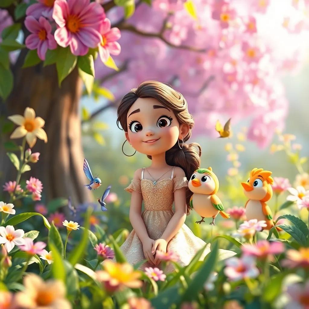 Clara na floresta com acompanhantes, todos felizes e respeitando a natureza, trazendo uma mensagem de proteção, atmosfera de paz, arte digital, vibrante, felicidade em harmonia