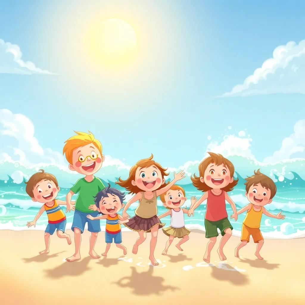 A group of happy children playing on the beach, with sun shining and waves crashing in the background, illustration, vibrant colors, joyful atmosphere, high quality