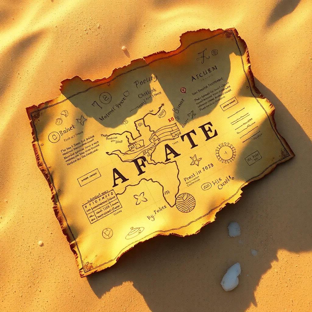 A treasure map found in the sand, aged and torn, with colorful drawings and markings, bright sunlight, beach setting, detailed illustration, adventurous feel, high quality