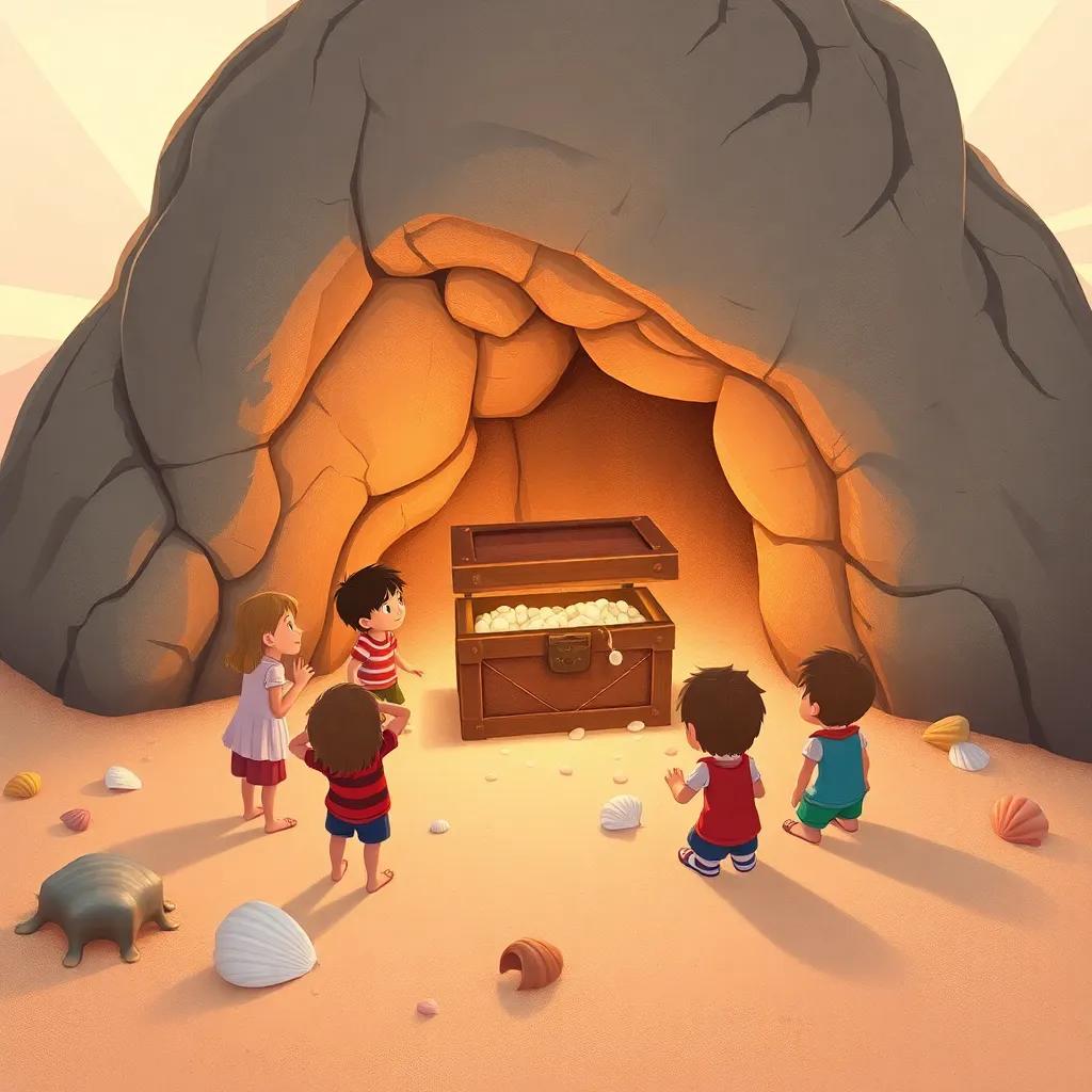 A large rock where the children find the first treasure box, surrounded by sand and shell details, children gathered around excitedly, illustration, warm light, high quality