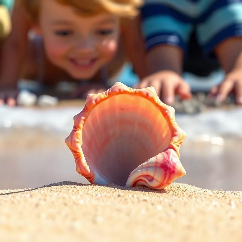 A colorful seashell discovered by the children, placed on the sandy beach with waves in the background, detailed and bright, capturing the moment of joy, high quality