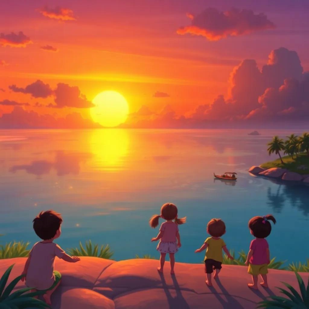 A beautiful sunset over a lagoon, children playing and admiring the view, with orange and purple hues in the sky, illustrating happiness and friendship, high quality