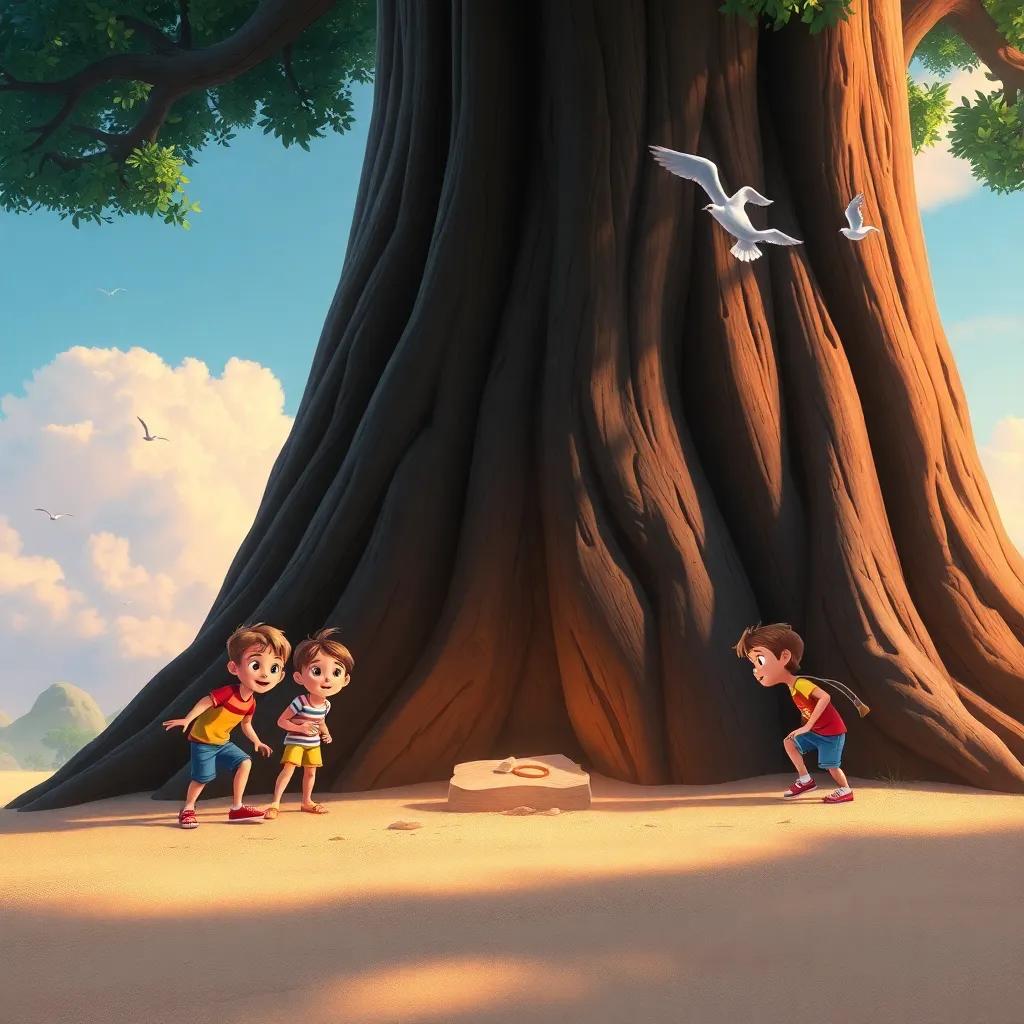 The last clue found under a tall tree, with children curiously looking at it, sand under their feet, birds flying in the sky, vibrant colors, high quality