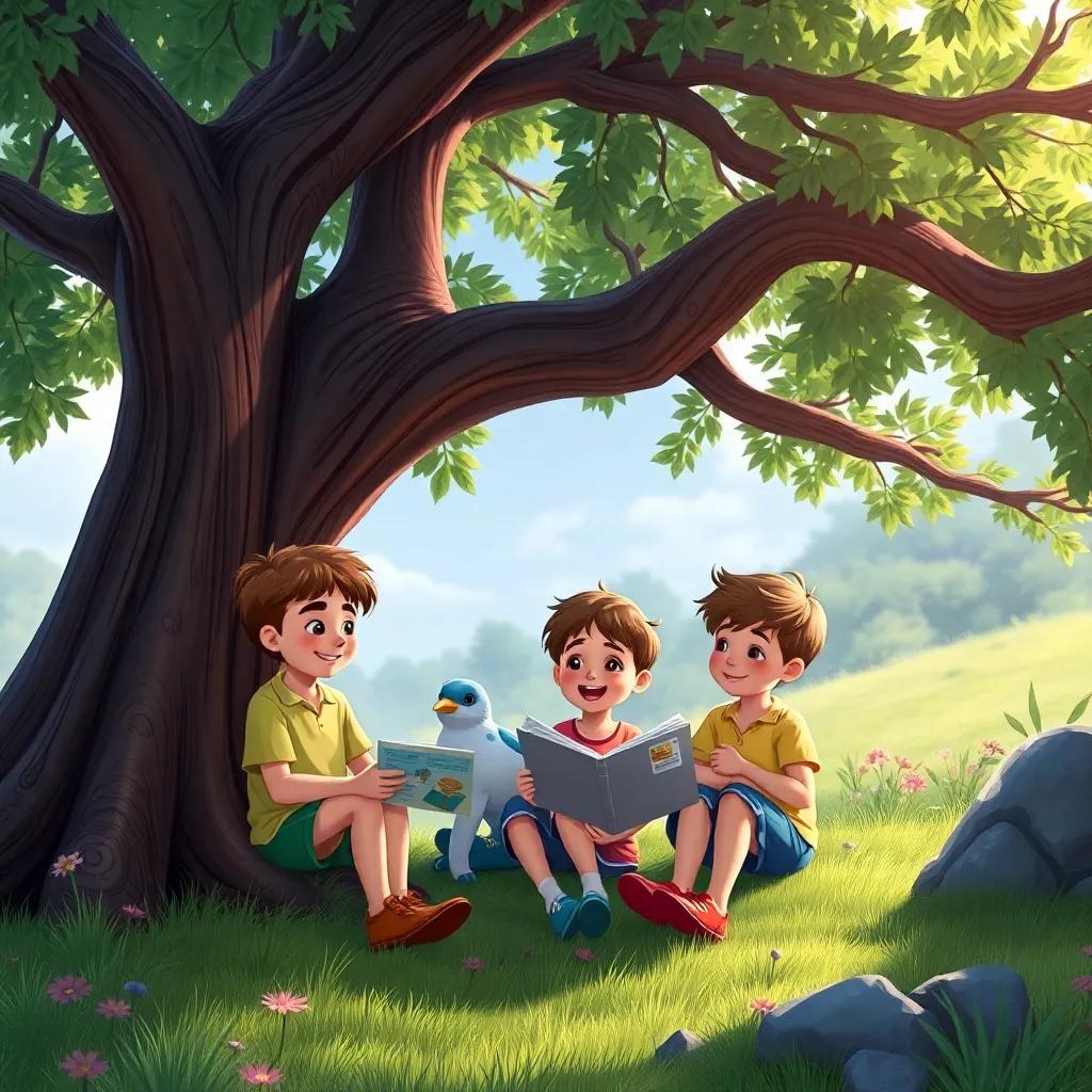 Children sitting under a tree, laughing and sharing stories about their adventure, surrounded by nature, illustrating joy and friendship, high quality