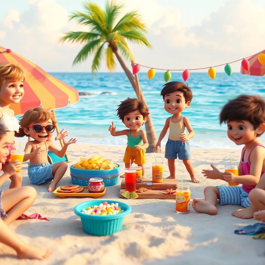A beach party scene with children having fun, colorful snacks and drinks on the sand, dancing and playing games, creating a lively atmosphere, high quality