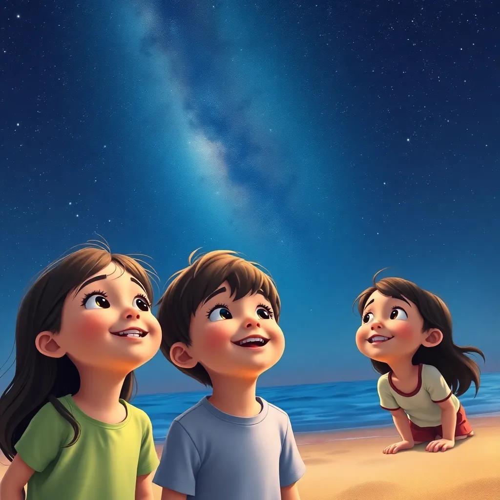 A starry night sky over the beach, children looking up happily, with memories of their day reflected in their smiles, warm tones, high quality