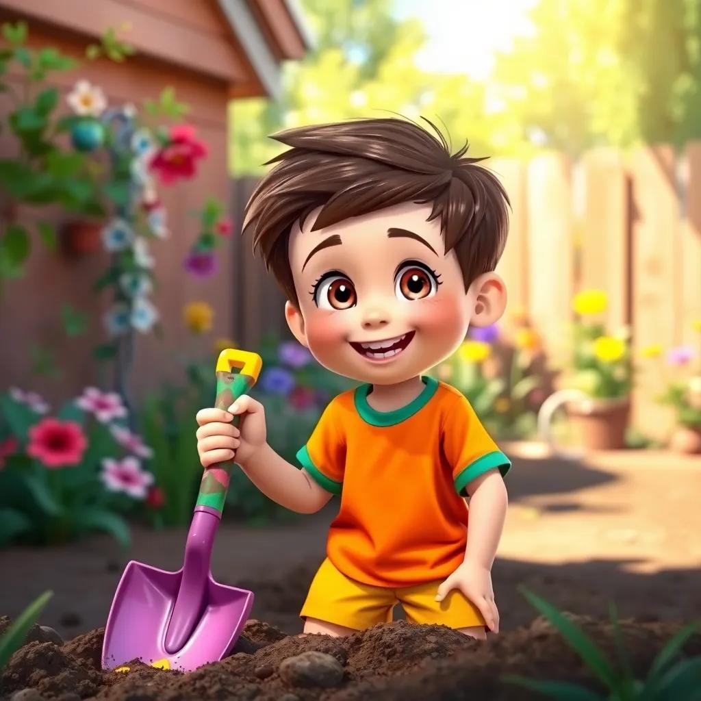 A young boy named Davi with short brown hair wearing a bright t-shirt and shorts, digging in his backyard with a colorful shovel, a sparkle of excitement in his eyes, cheerful garden background, digital art, warm colors, bright atmosphere, high quality