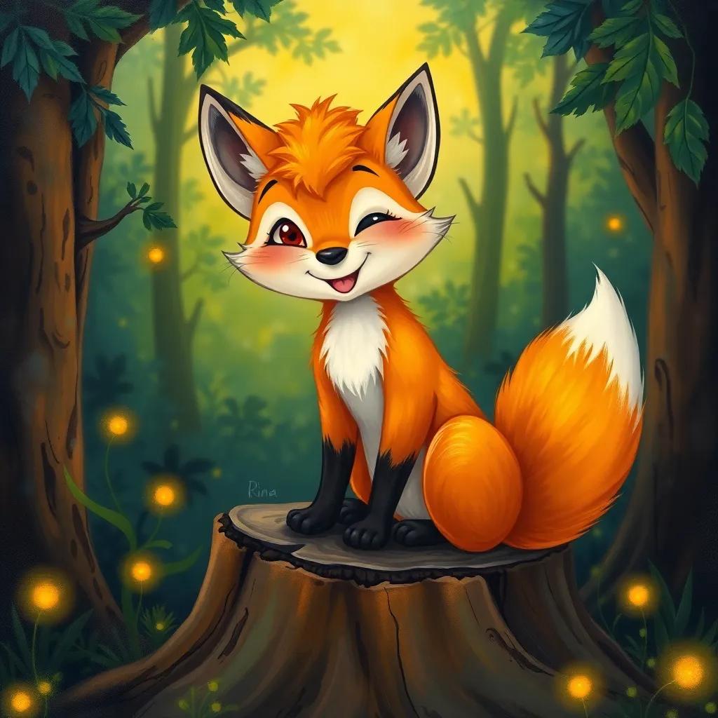 A happy fox named Rina with a bushy tail and bright orange fur, smiling at Tigo, sitting on a tree stump in the forest, with fireflies glowing around, friendly vibe, whimsical, warm light, high quality